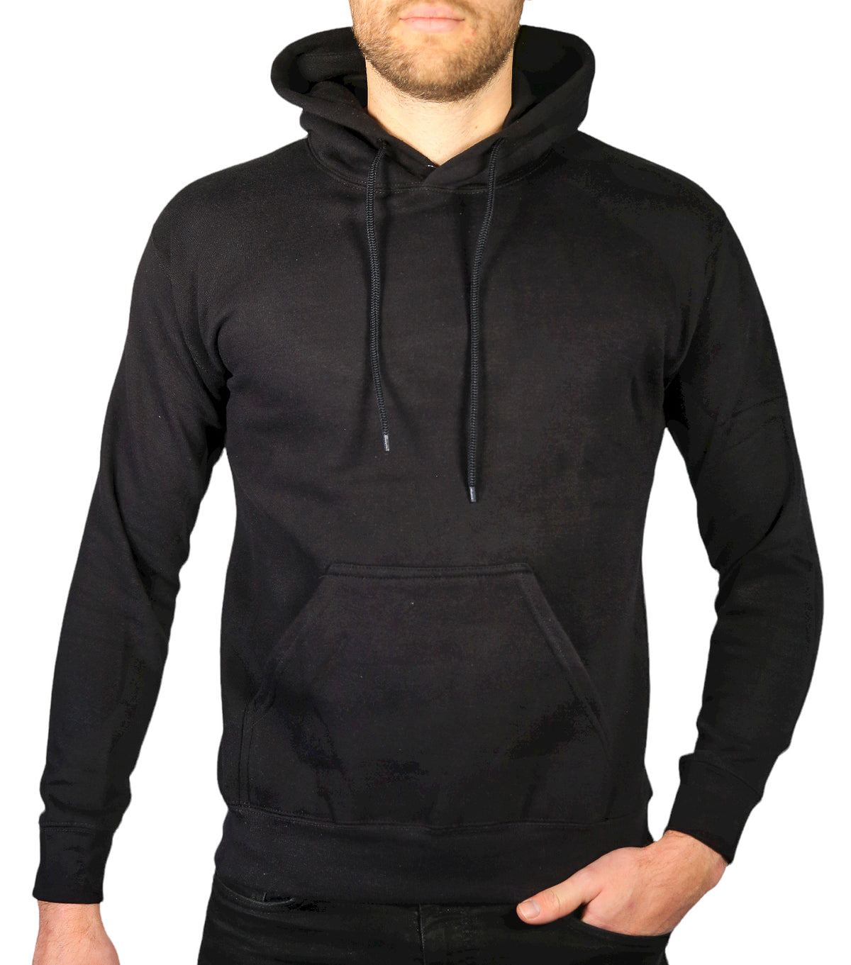 Mens Hoodie 100% Cotton Fleece Pullover Sweatshirt Warm Jumper - Black - M