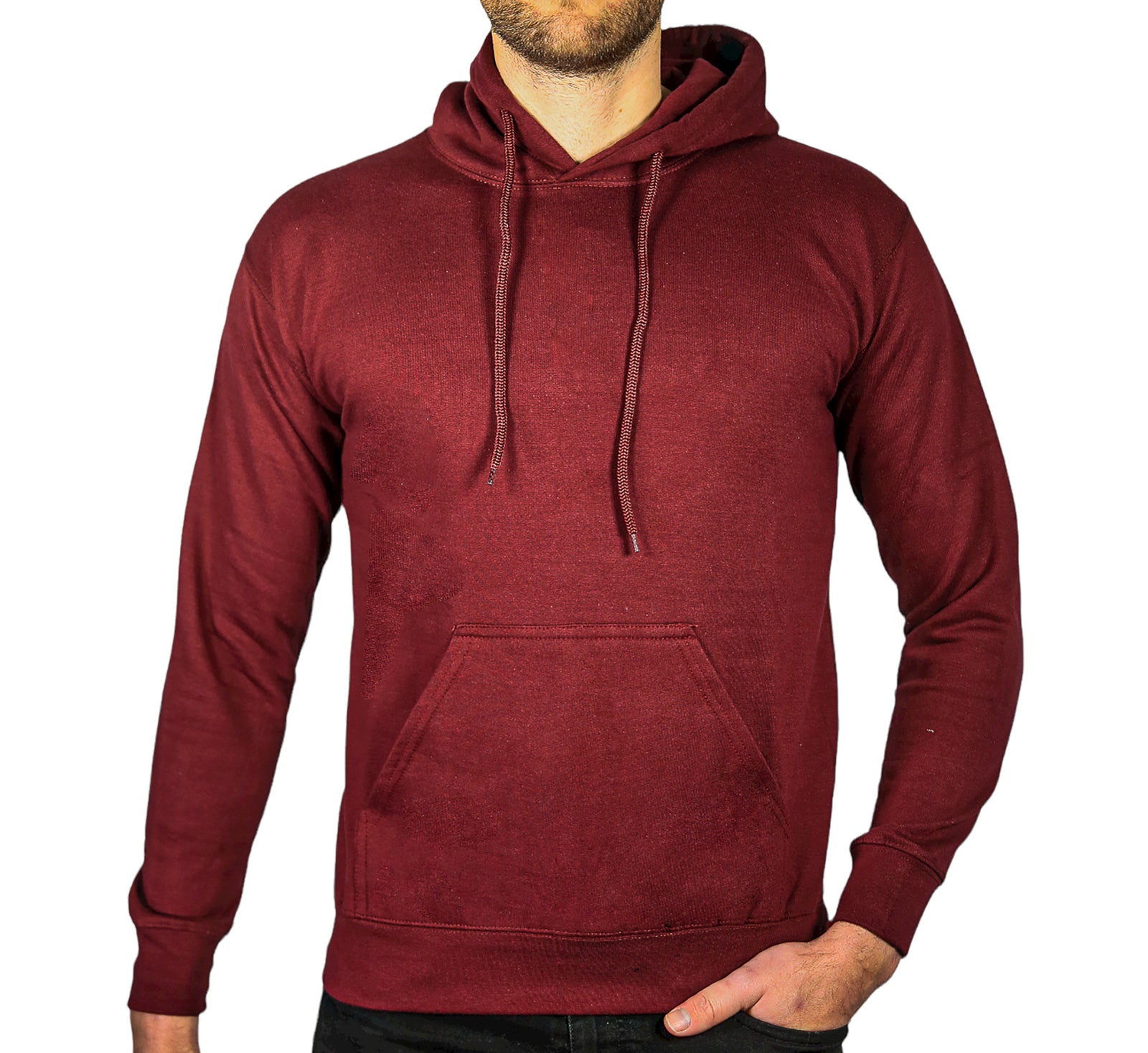 Mens Hoodie 100% Cotton Fleece Pullover Sweatshirt Warm Jumper - Maroon/Burgundy - M