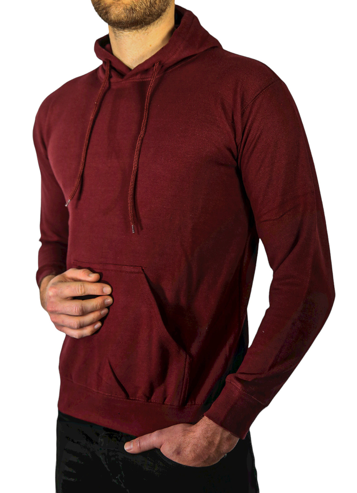 Mens Hoodie 100% Cotton Fleece Pullover Sweatshirt Warm Jumper - Maroon/Burgundy - M