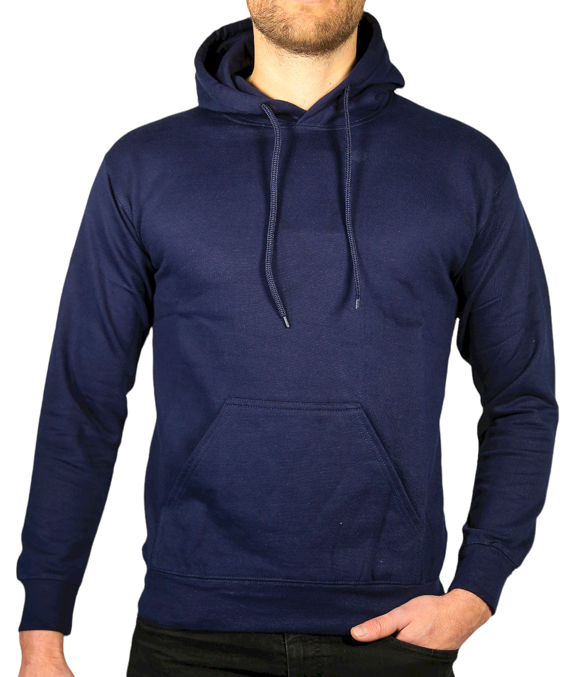 Mens Hoodie 100% Cotton Fleece Pullover Sweatshirt Warm Jumper - Navy - L
