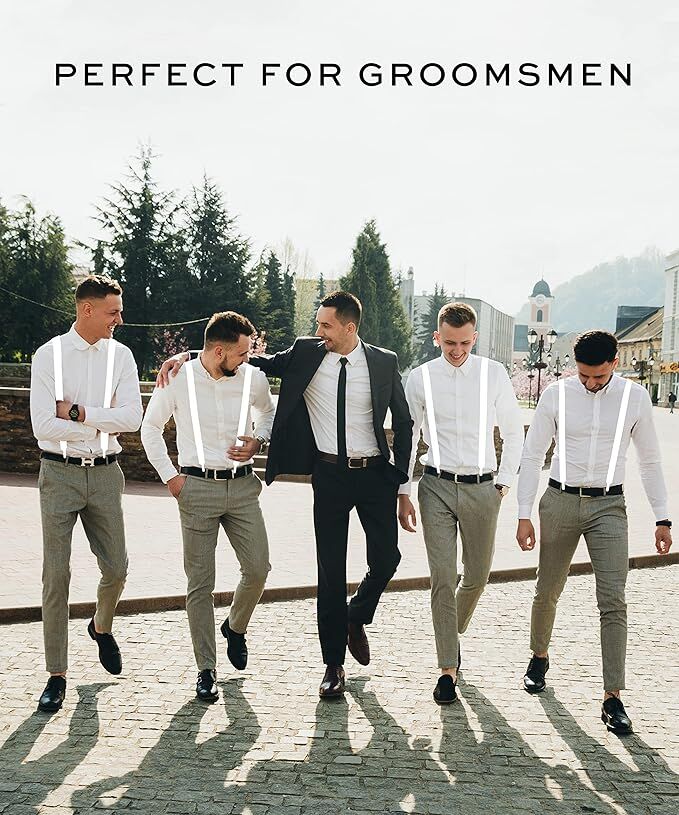 Mens Suspenders Braces Adjustable Strong Clip On Elastic Formal Wedding Slim - White