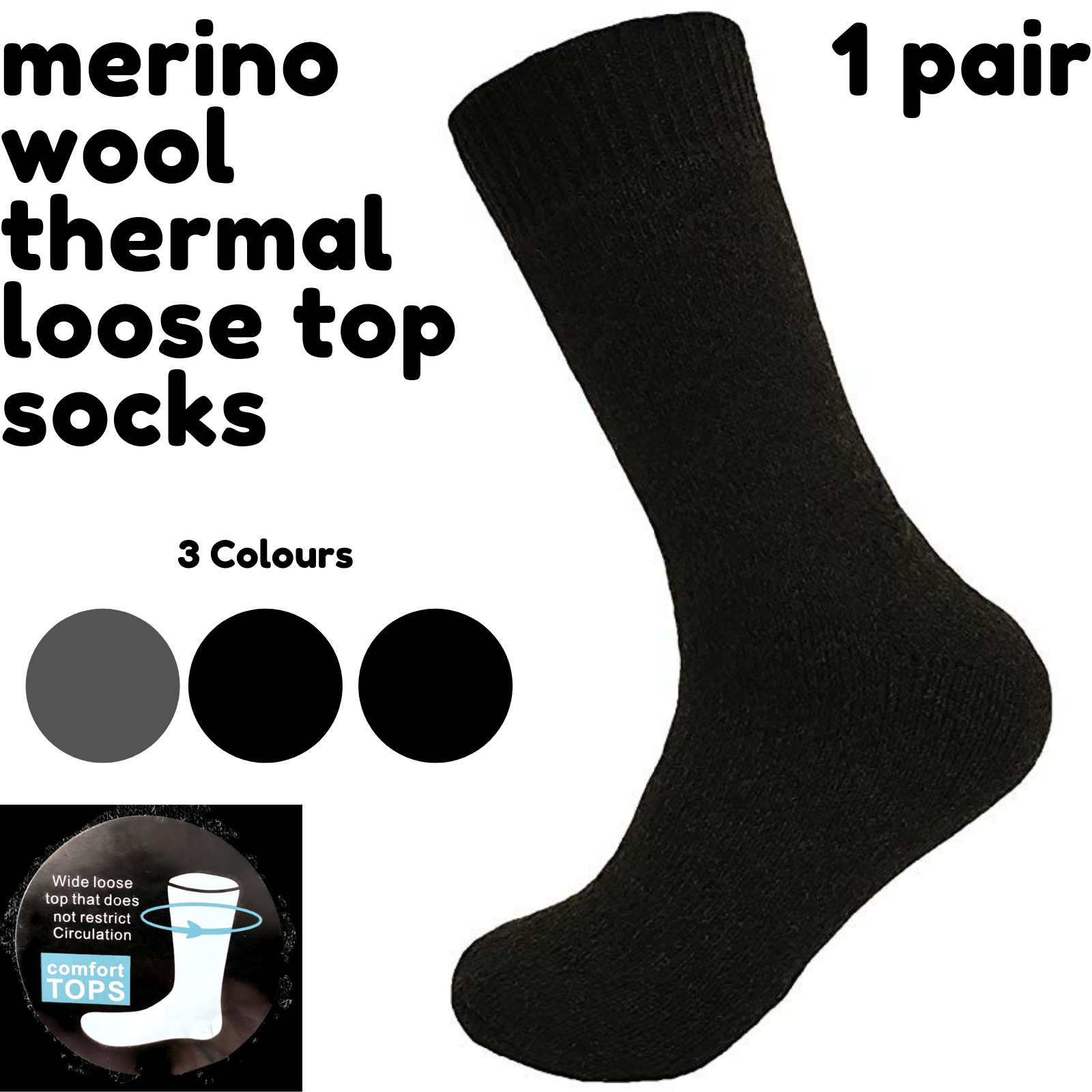 Men's Underwear & Socks: Merino Wool Mens Loose Top Thermal Socks Diabetic Comfort Circulation - 1 Pair - Black - 7-11