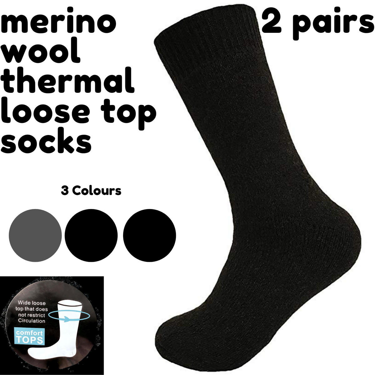Merino Wool Mens Thermal Diabetic Socks Loose Top Circulation, Grey