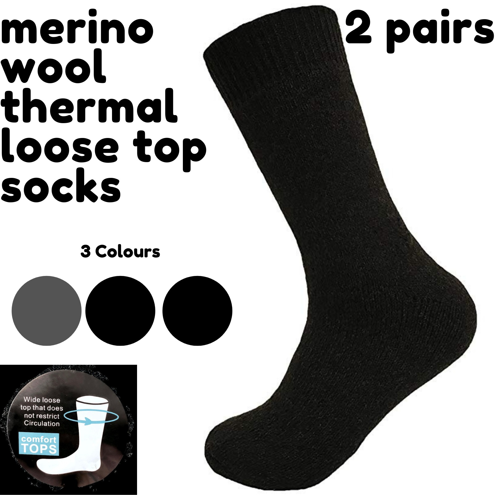 Merino Wool Mens Thermal Diabetic Socks Loose Top Circulation 2 Pairs - Grey - 11-14
