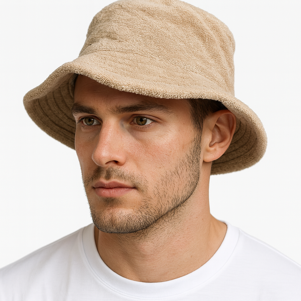 Stingy Brim Terry Towelling Bucket Hat Daggy Fishing Camping Lad Cap 100% COTTON - Beige - L/XL