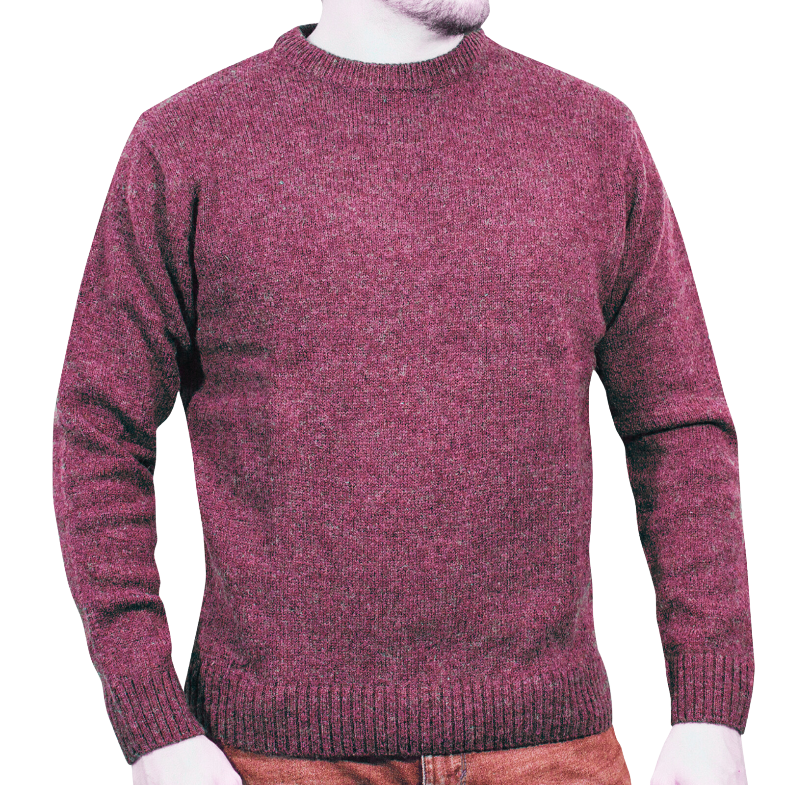 100% SHETLAND RAGG WOOL CREW Round Neck Knit JUMPER Pullover Mens Sweater Knitted - Burgundy - L