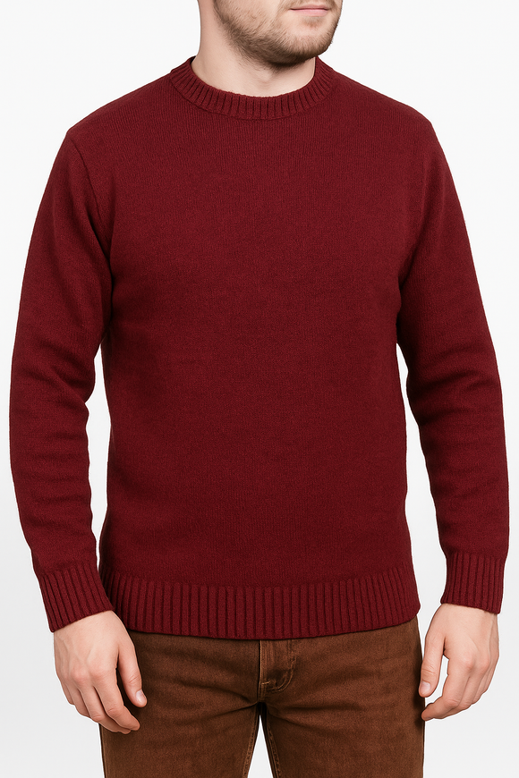 100% SHETLAND RAGG WOOL CREW Round Neck Knit JUMPER Pullover Mens Sweater Knitted - Burgundy - XL