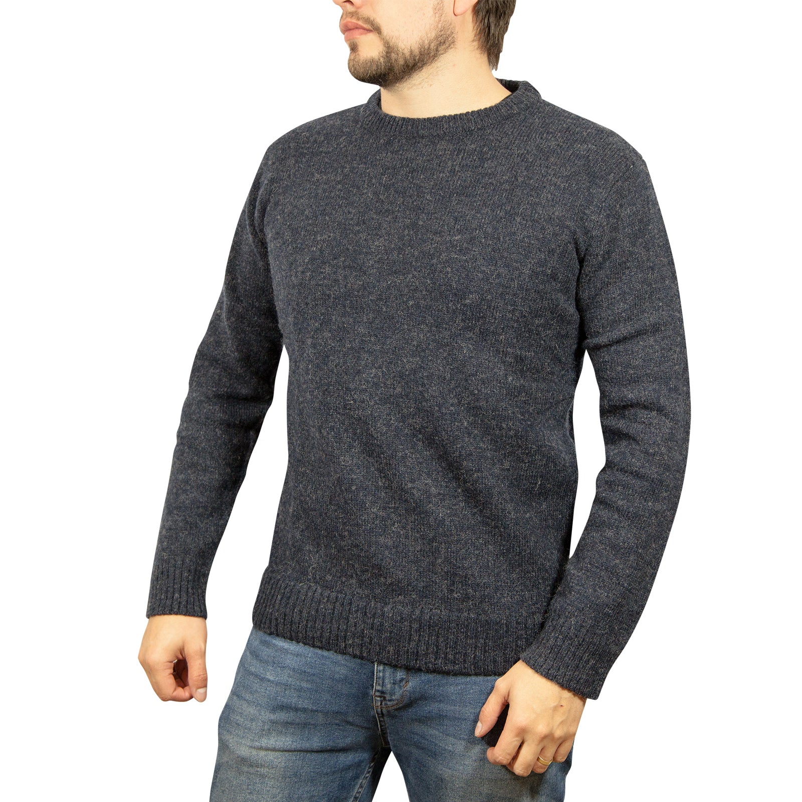 100% SHETLAND RAGG WOOL CREW Round Neck Knit JUMPER Pullover Mens Sweater Knitted - Navy - S