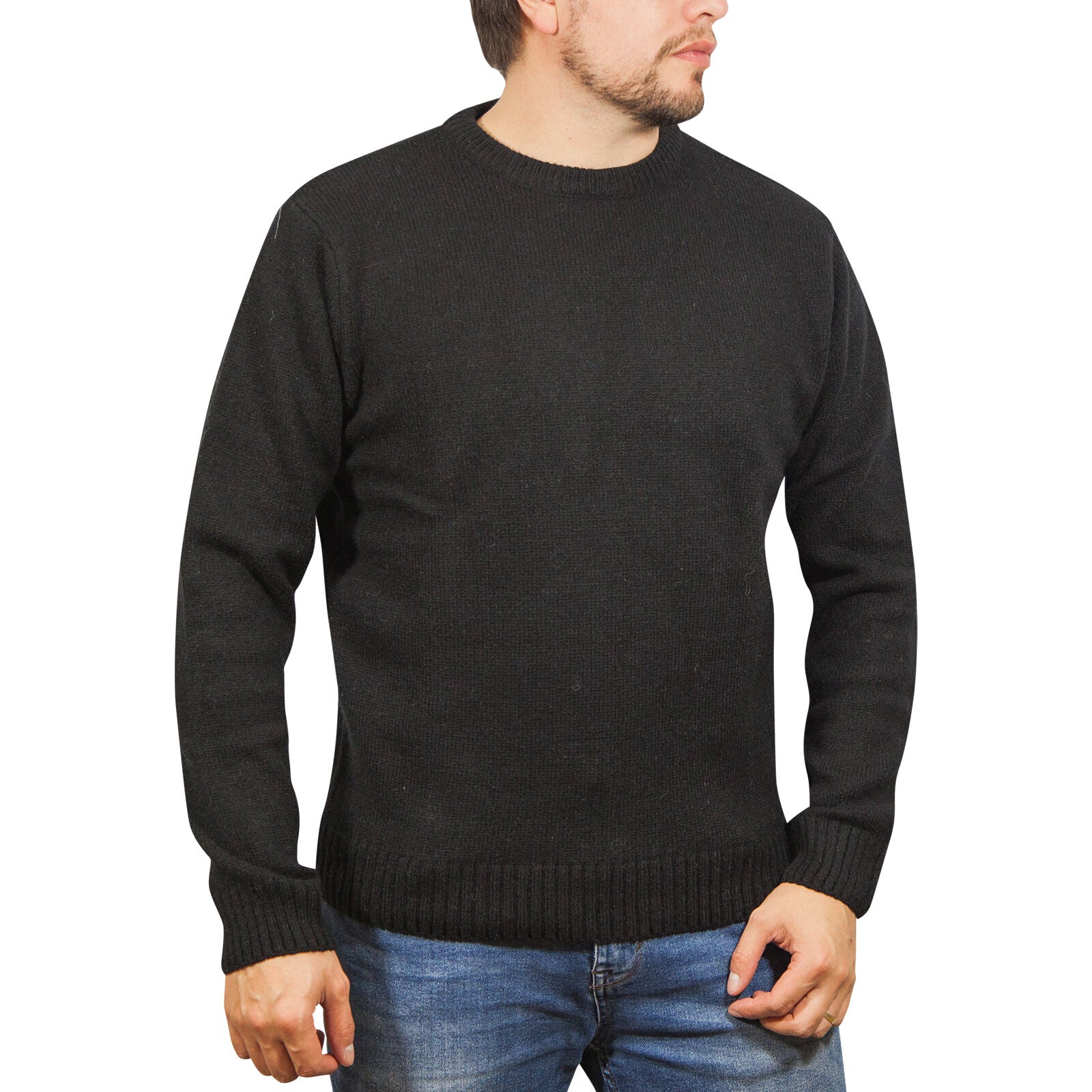 100% SHETLAND RAGG WOOL CREW Round Neck Knit JUMPER Pullover Mens Sweater Knitted - Plain Black - 5XL