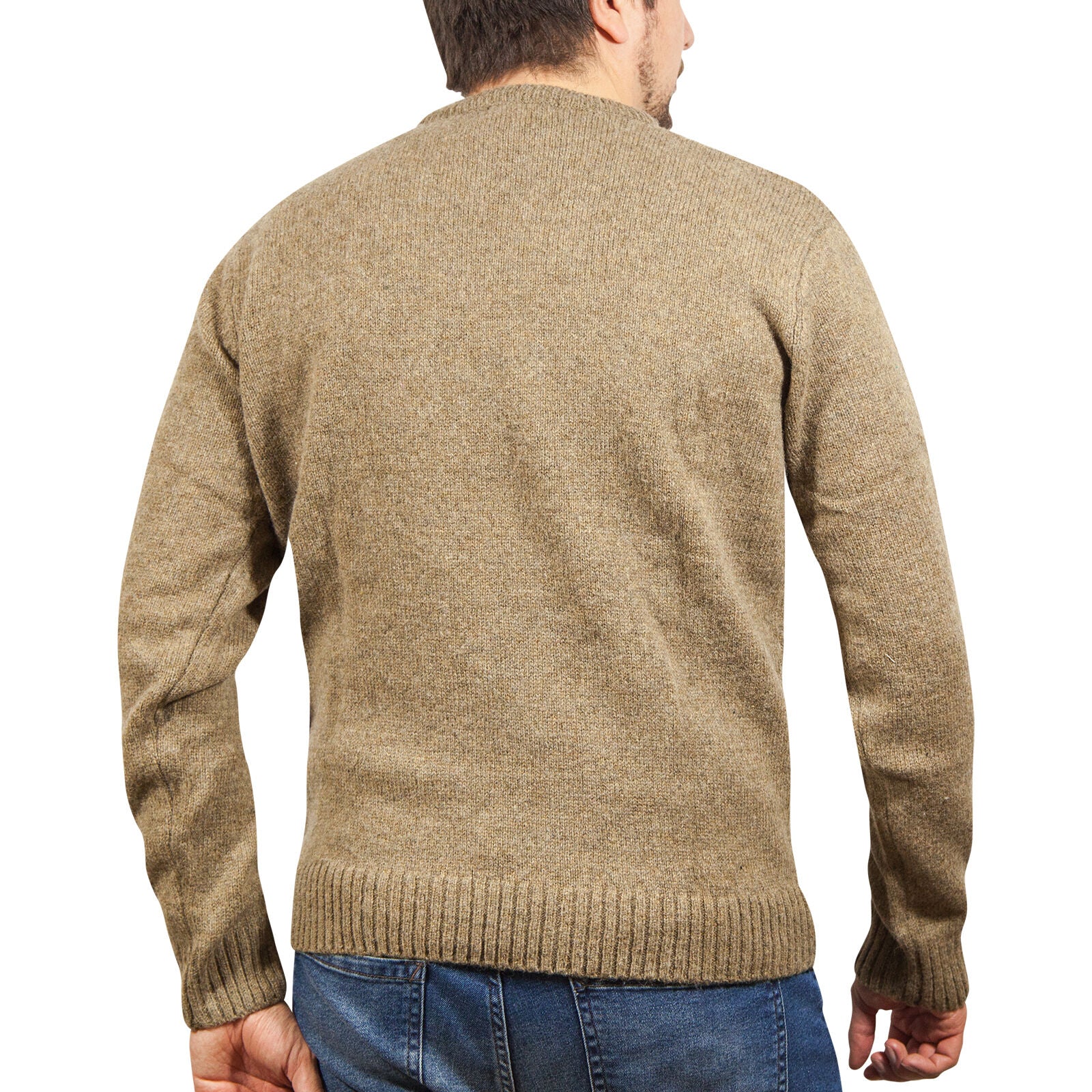 100% SHETLAND RAGG WOOL CREW Round Neck Knit JUMPER Pullover Mens Sweater Knitted - Nutmeg - 4XL