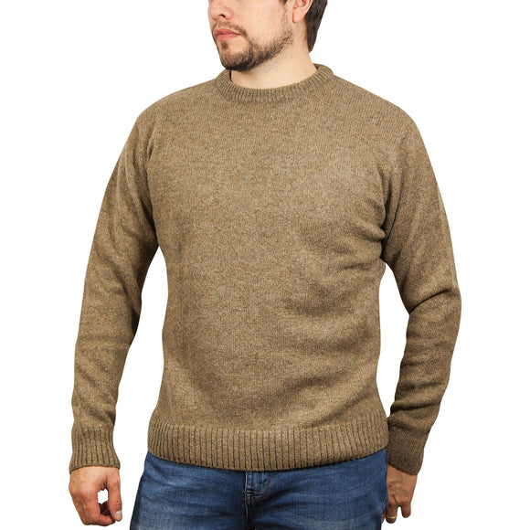 100% SHETLAND RAGG WOOL CREW Round Neck Knit JUMPER Pullover Mens Sweater Knitted - Nutmeg - 5XL