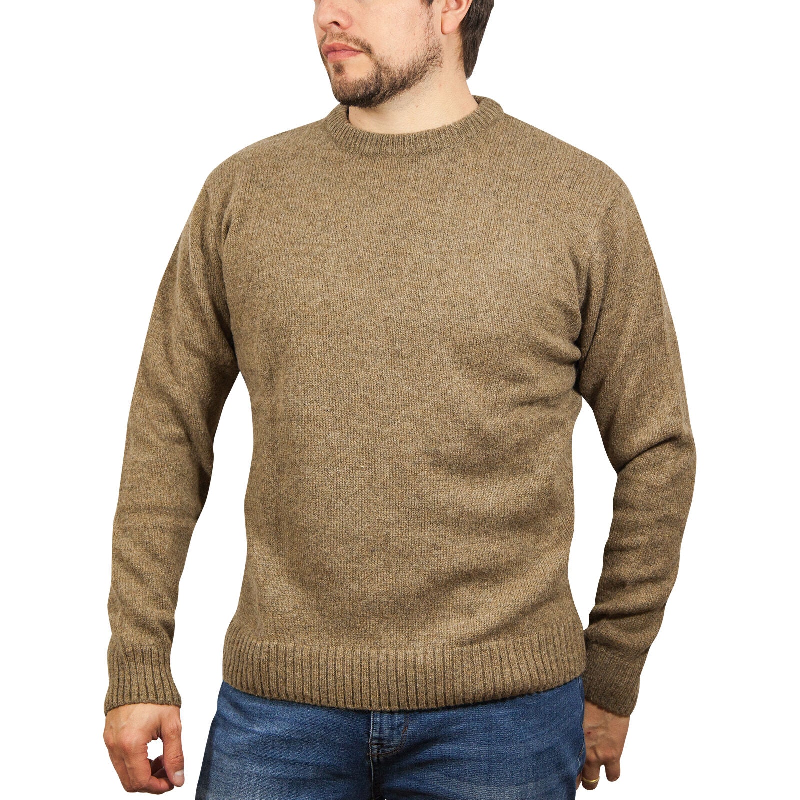 100% SHETLAND RAGG WOOL CREW Round Neck Knit JUMPER Pullover Mens Sweater Knitted - Nutmeg - 6XL