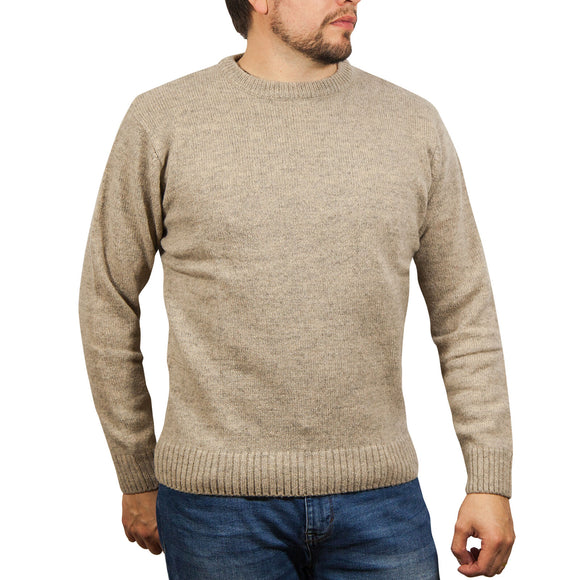 100% SHETLAND RAGG WOOL CREW Round Neck Knit JUMPER Pullover Mens Sweater Knitted - Beige - 6XL