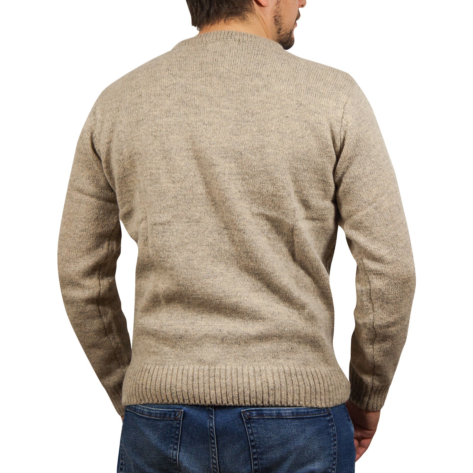 100% SHETLAND RAGG WOOL CREW Round Neck Knit JUMPER Pullover Mens Sweater Knitted - Beige - 6XL