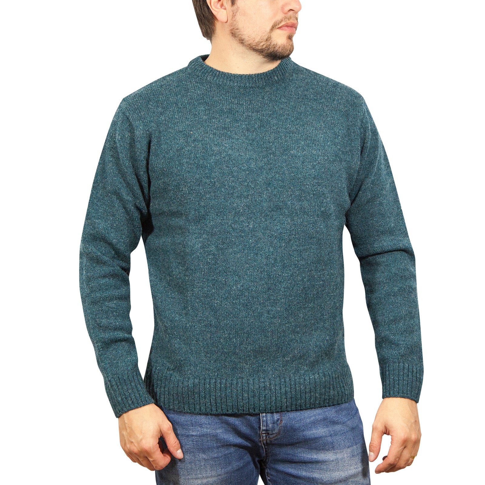 100% SHETLAND RAGG WOOL CREW Round Neck Knit JUMPER Pullover Mens Sweater Knitted - Sherwood - 3XL