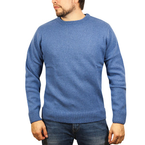 100% SHETLAND RAGG WOOL CREW Round Neck Knit JUMPER Pullover Mens Sweater Knitted - Sky - 5XL
