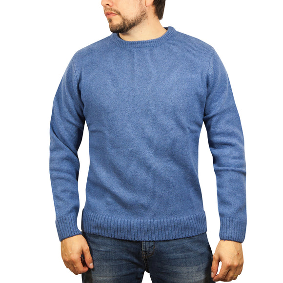 100% SHETLAND RAGG WOOL CREW Round Neck Knit JUMPER Pullover Mens Sweater Knitted - Sky - 5XL