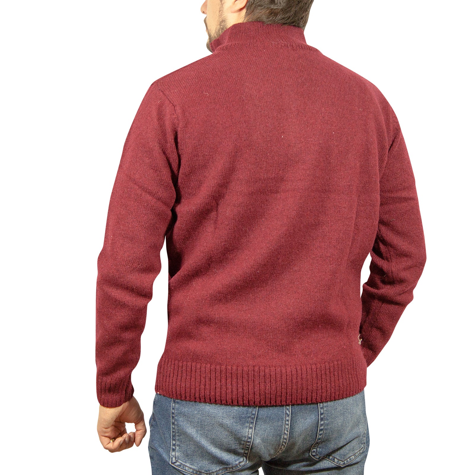 Men's Sweats & Trackpants: 100% SHETLAND RAGG WOOL Half Zip Up Knit JUMPER Pullover Mens Sweater Knitted - Burgundy - M