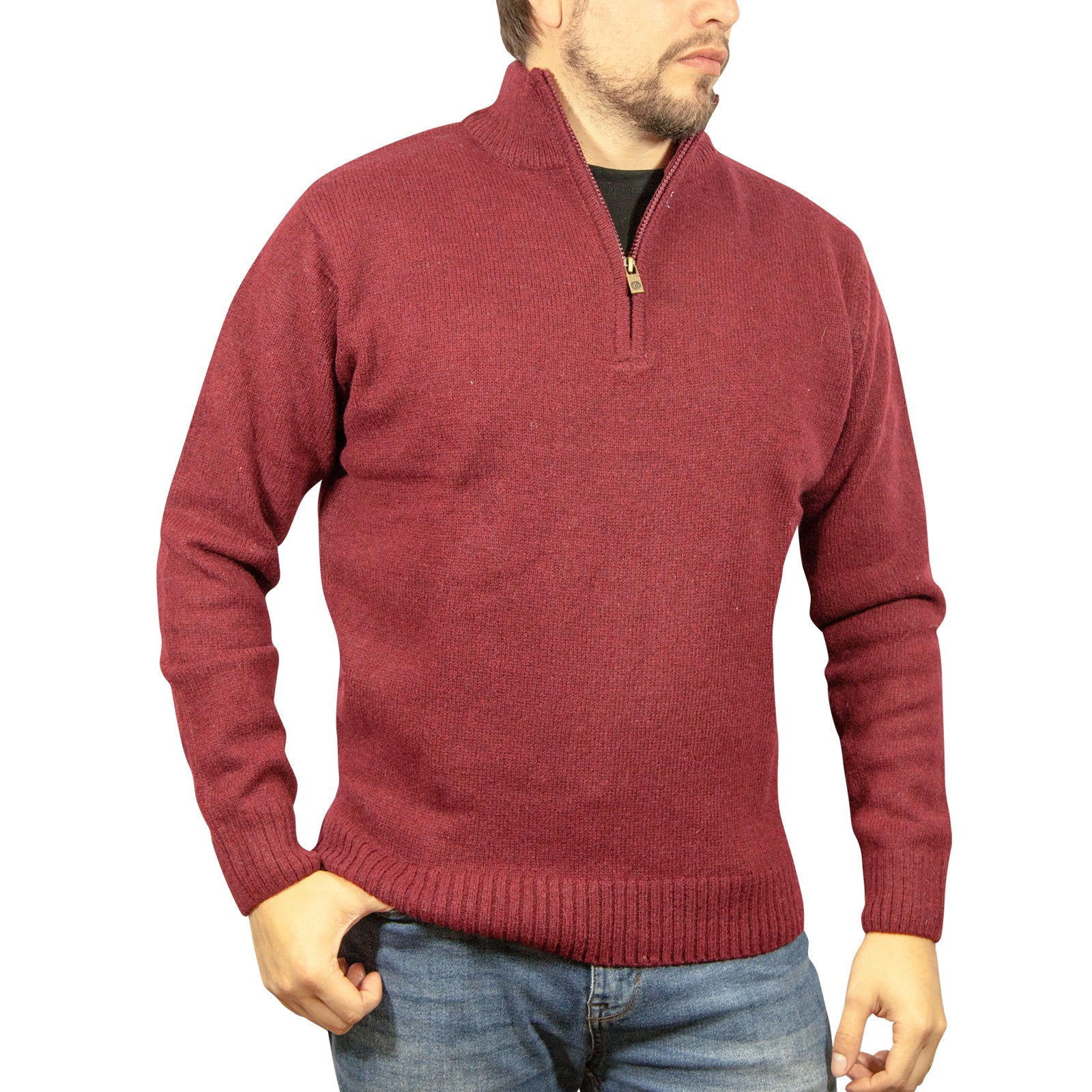 100% SHETLAND RAGG WOOL Half Zip Up Knit JUMPER Pullover Mens Sweater Knitted - Burgundy - XXL