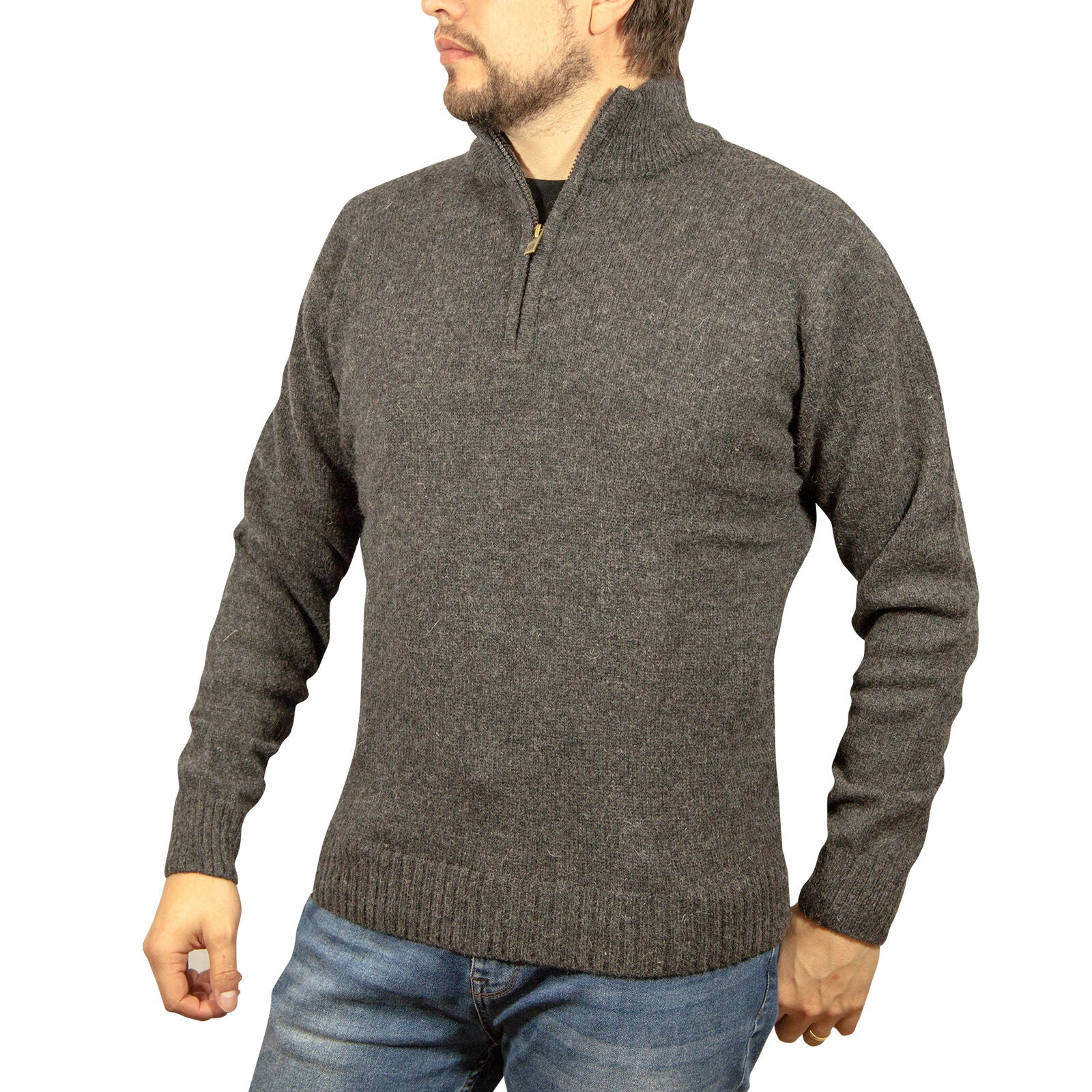 Men's Sweats & Trackpants: 100% SHETLAND RAGG WOOL Half Zip Up Knit JUMPER Pullover Mens Sweater Knitted - Charcoal - L
