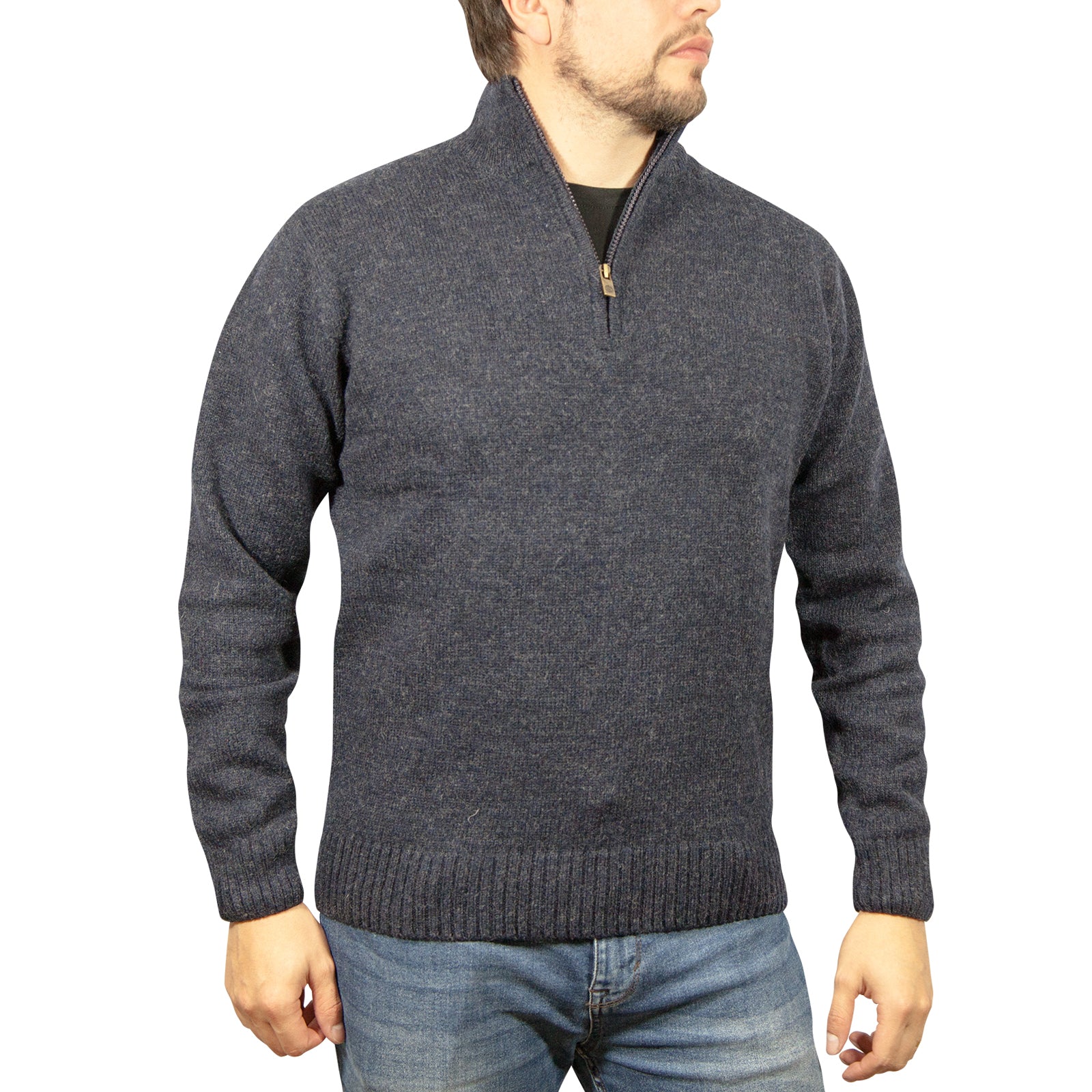 100% SHETLAND RAGG WOOL Half Zip Up Knit JUMPER Pullover Mens Sweater Knitted - Denim Blue - M