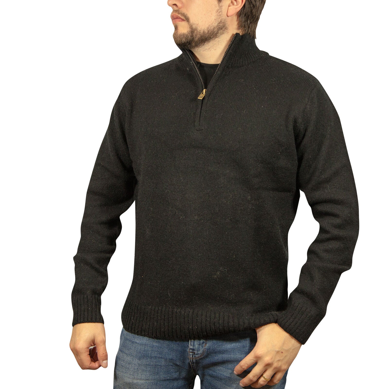 100% SHETLAND RAGG WOOL Half Zip Up Knit JUMPER Pullover Mens Sweater Knitted - Plain Black - XL