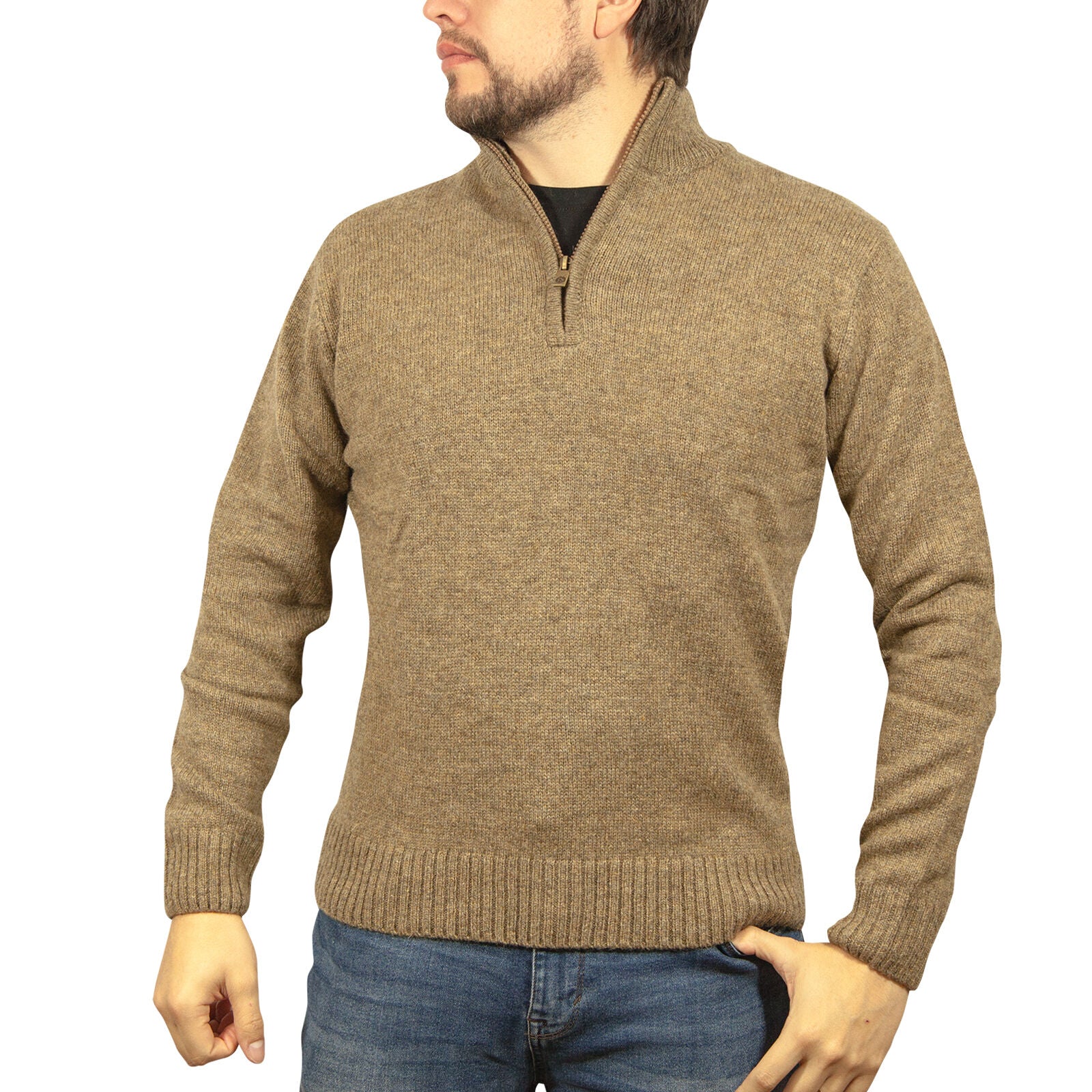 100% SHETLAND RAGG WOOL Half Zip Up Knit JUMPER Pullover Mens Sweater Knitted - Nutmeg - 4XL