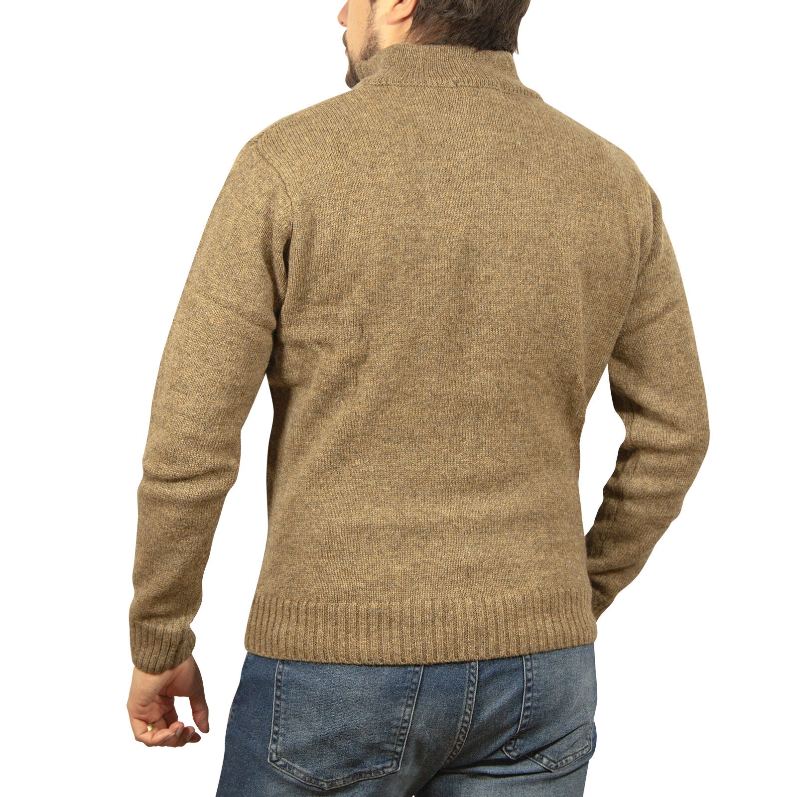 Men's Sweats & Trackpants: 100% SHETLAND RAGG WOOL Half Zip Up Knit JUMPER Pullover Mens Sweater Knitted - Nutmeg - L