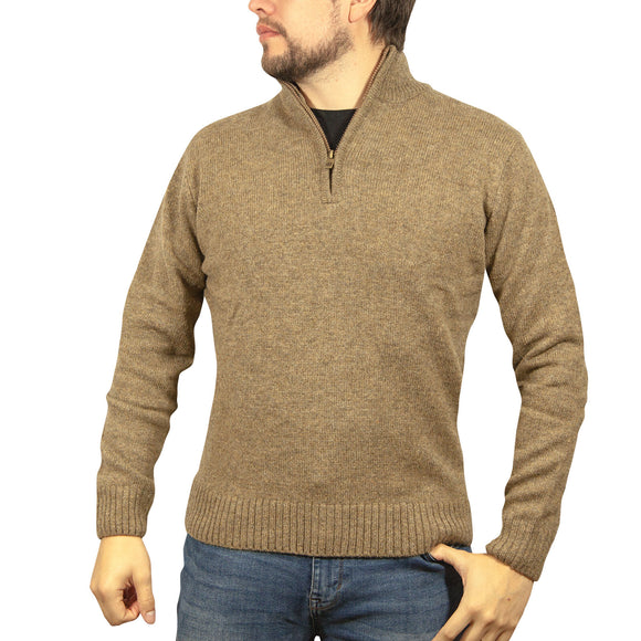 100% SHETLAND RAGG WOOL Half Zip Up Knit JUMPER Pullover Mens Sweater Knitted - Nutmeg (23) - XXL