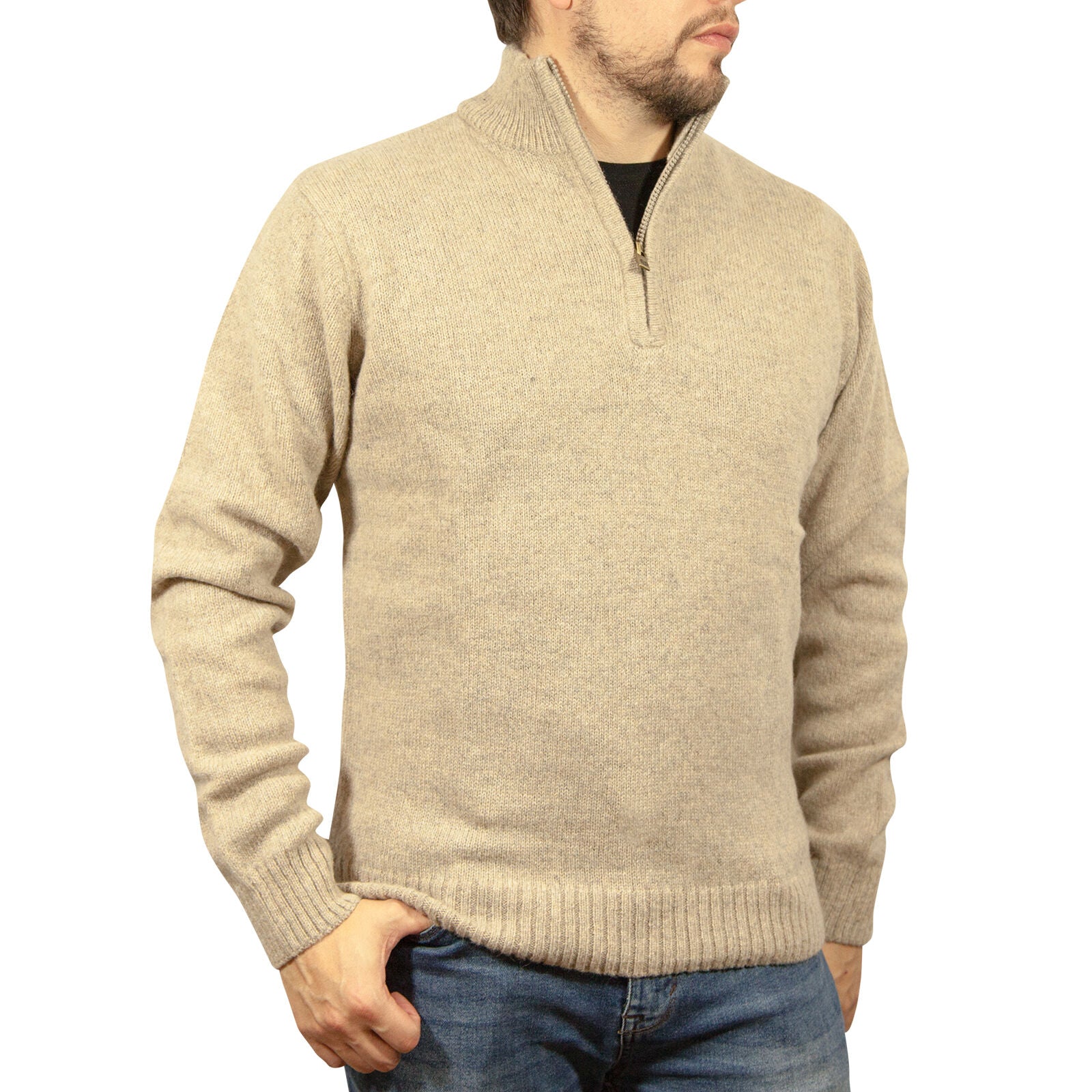 100% SHETLAND RAGG WOOL Half Zip Up Knit JUMPER Pullover Mens Sweater Knitted - Oat Marle - XL