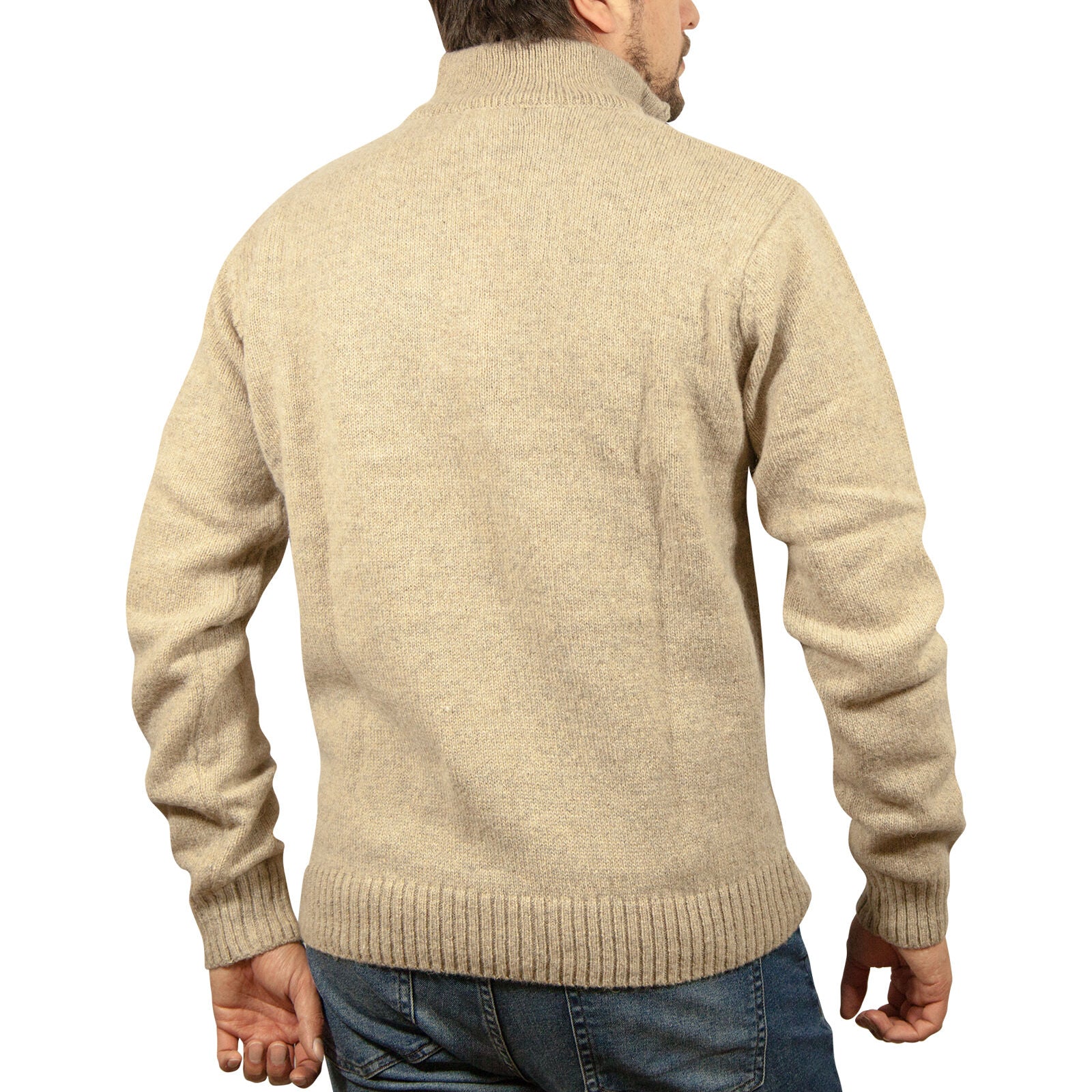 100% SHETLAND RAGG WOOL Half Zip Up Knit JUMPER Pullover Mens Sweater Knitted - Oat Marle - XL