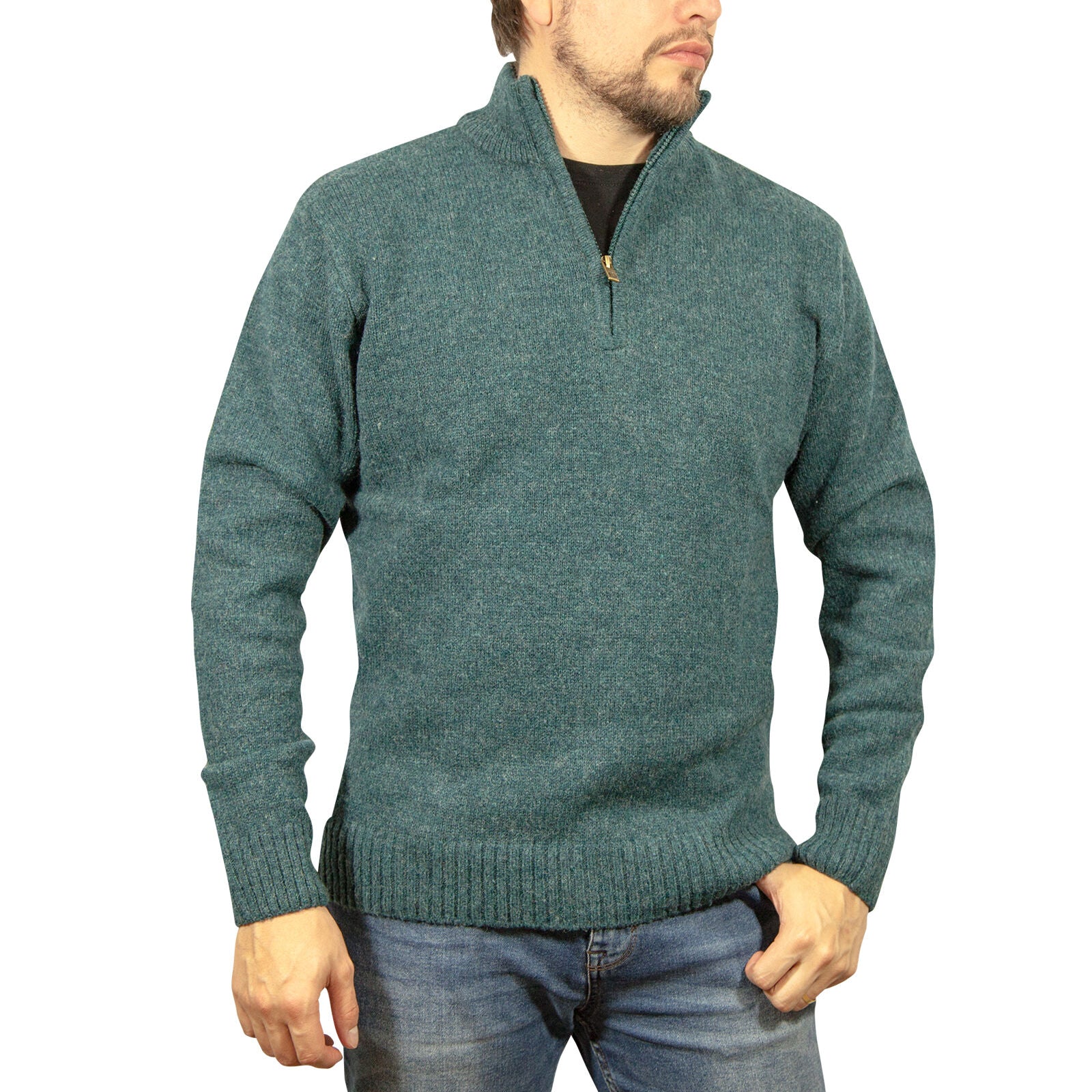 Men's Sweats & Trackpants: 100% SHETLAND RAGG WOOL Half Zip Up Knit JUMPER Pullover Mens Sweater Knitted - Sherwood - L
