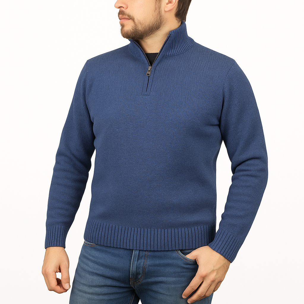 Men's Sweats & Trackpants: 100% SHETLAND RAGG WOOL Half Zip Up Knit JUMPER Pullover Mens Sweater Knitted in Sky  - L