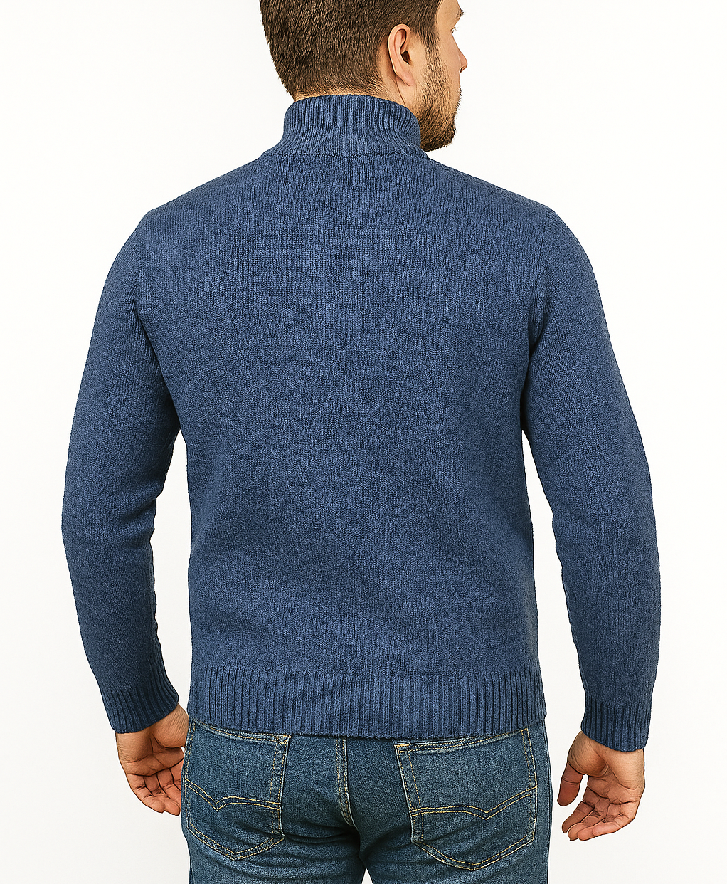 100% SHETLAND RAGG WOOL Half Zip Up Knit JUMPER Pullover Mens Sweater Knitted in Sky  - M