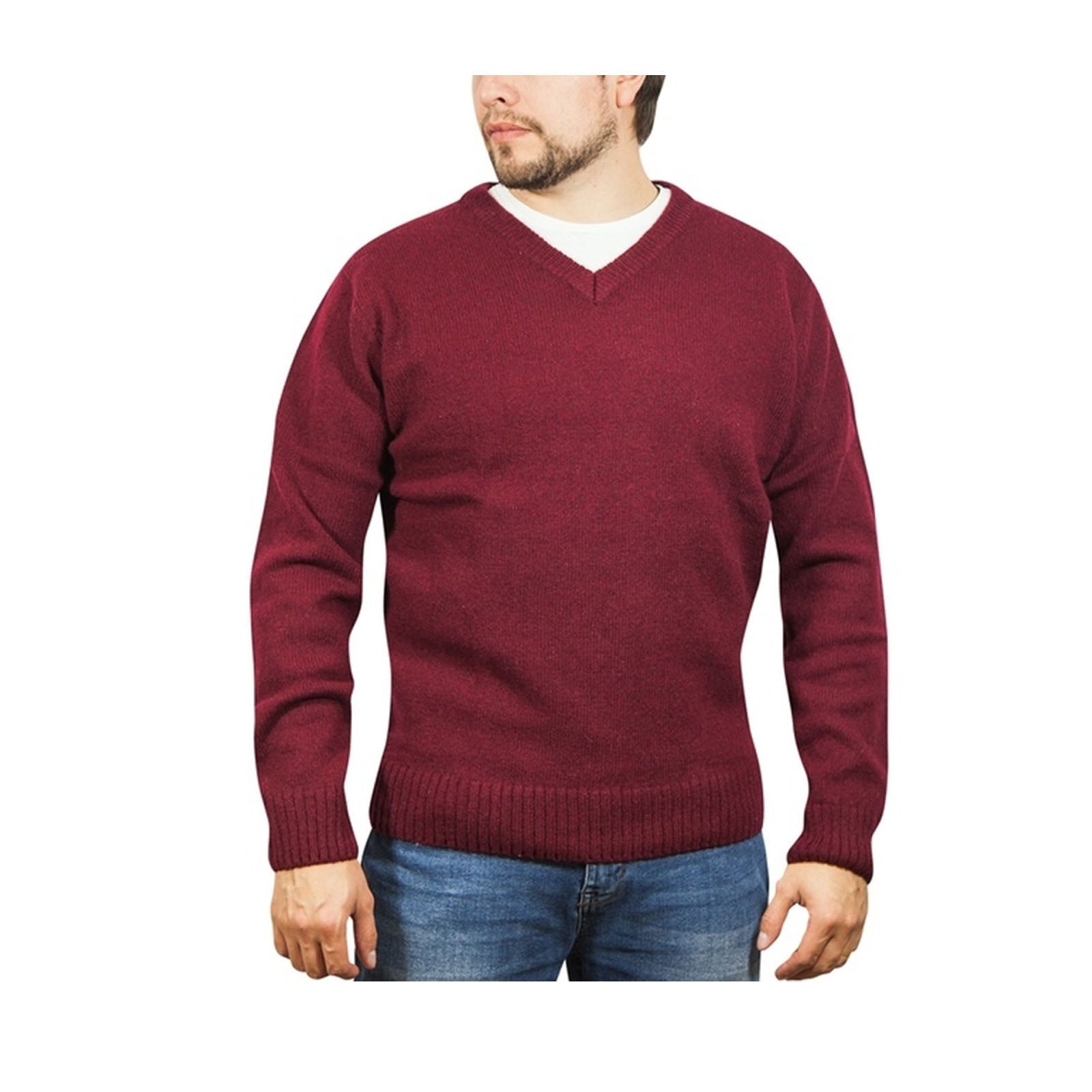 Men's Sweats & Trackpants: 100% Shetland Ragg Wool V Neck Knit Jumper Pullover Mens Sweater Knitted - Burgundy - L