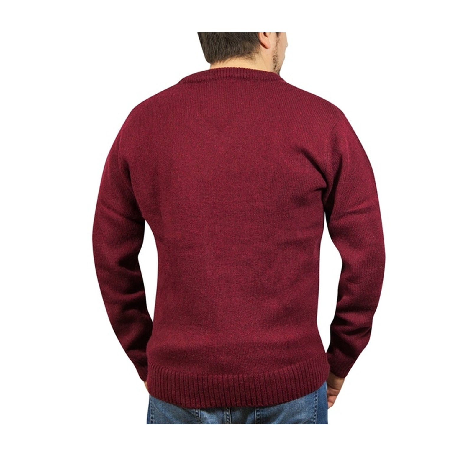 100% Shetland Ragg Wool V Neck Knit Jumper Pullover Mens Sweater Knitted - Burgundy - XL