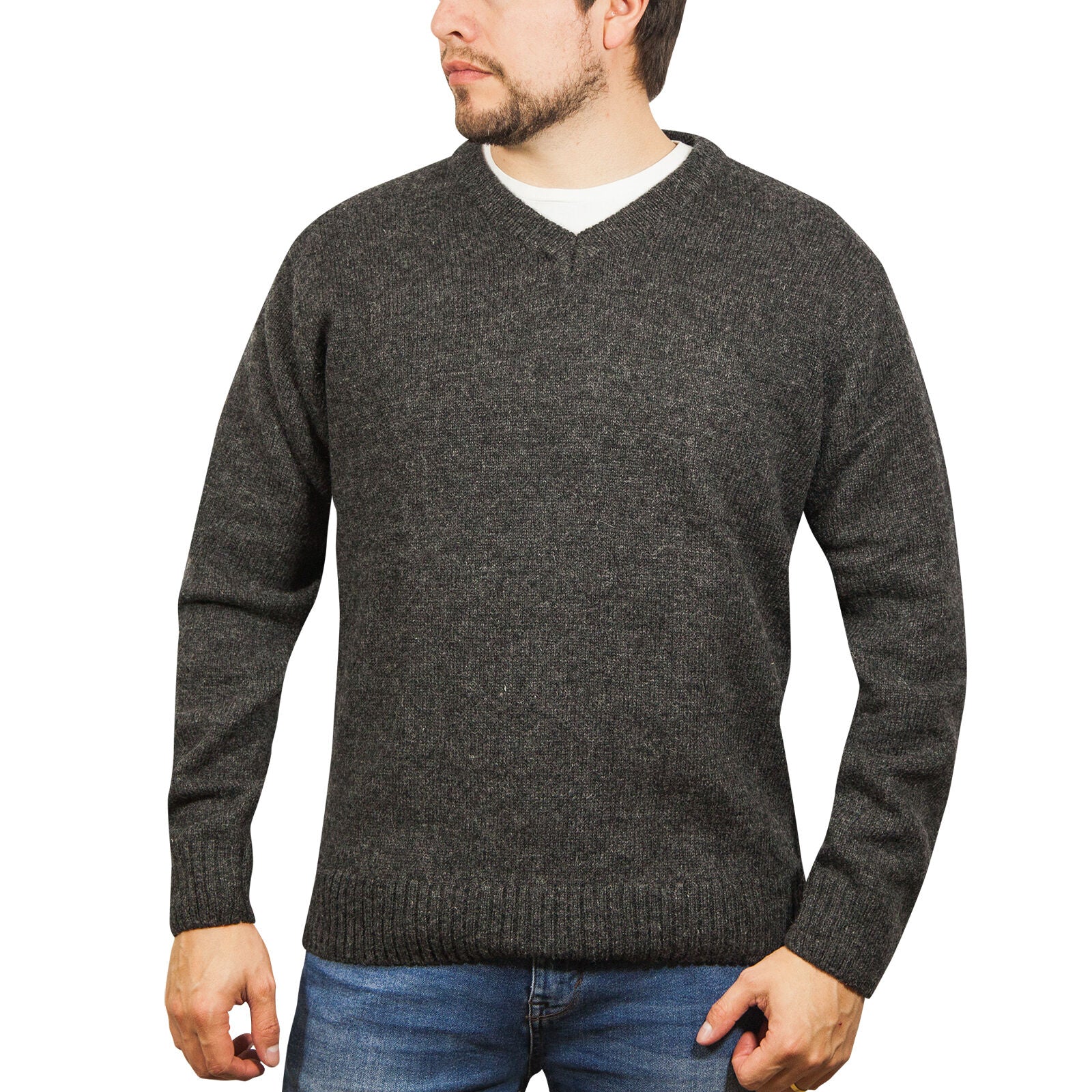 100% Shetland Ragg Wool V Neck Knit Jumper Pullover Mens Sweater Knitted - Charcoal - 5XL