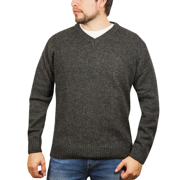 100% Shetland Ragg Wool V Neck Knit Jumper Pullover Mens Sweater Knitted - Charcoal (29) - L