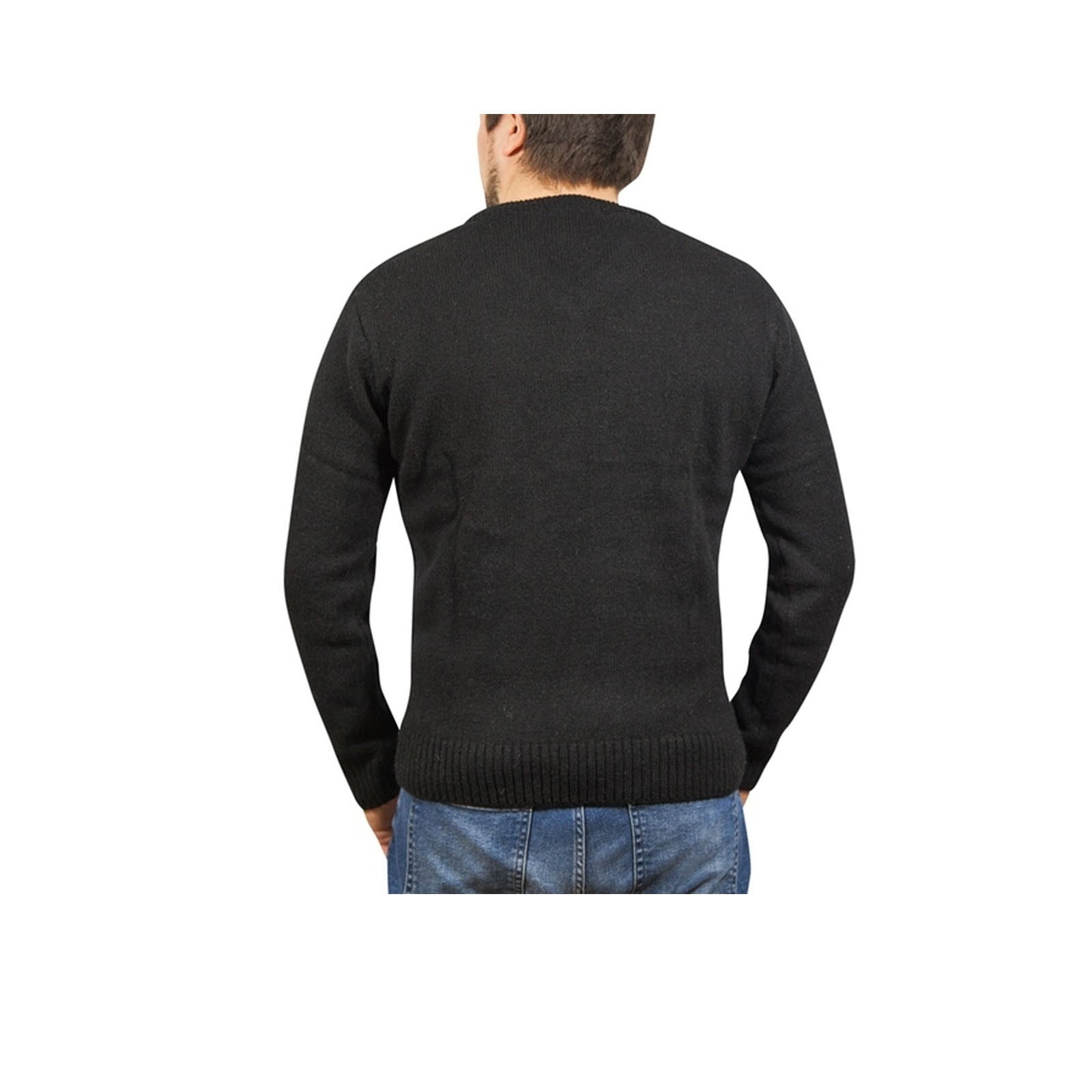 100% Shetland Ragg Wool V Neck Knit Jumper Pullover Mens Sweater Knitted - Plain Black - 6XL