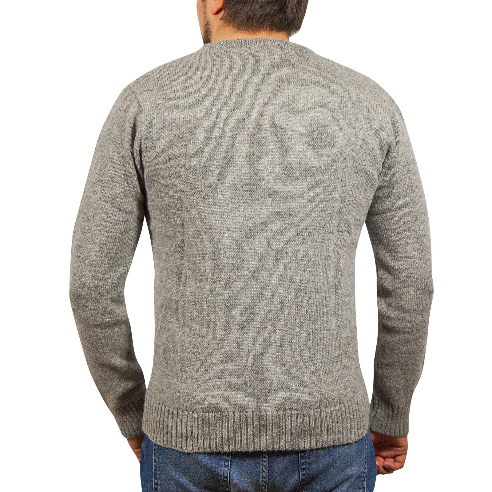 100% Shetland Ragg Wool V Neck Knit Jumper Pullover Mens Sweater Knitted - Grey - L