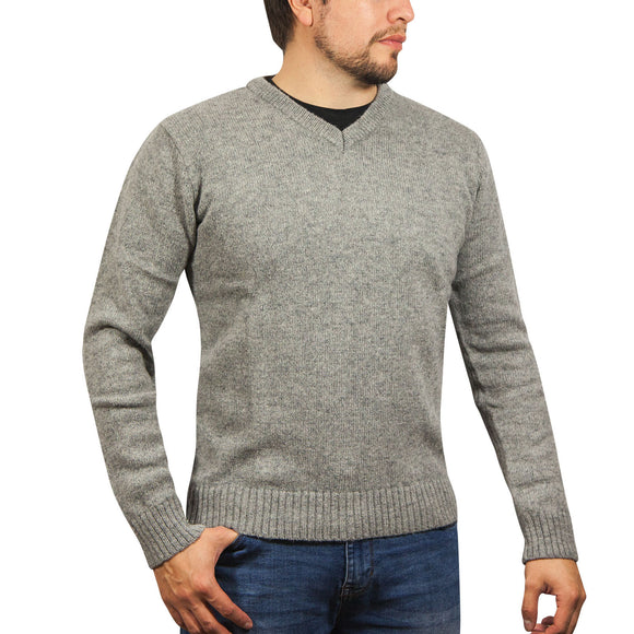 100% Shetland Ragg Wool V Neck Knit Jumper Pullover Mens Sweater Knitted - Grey (21) - M