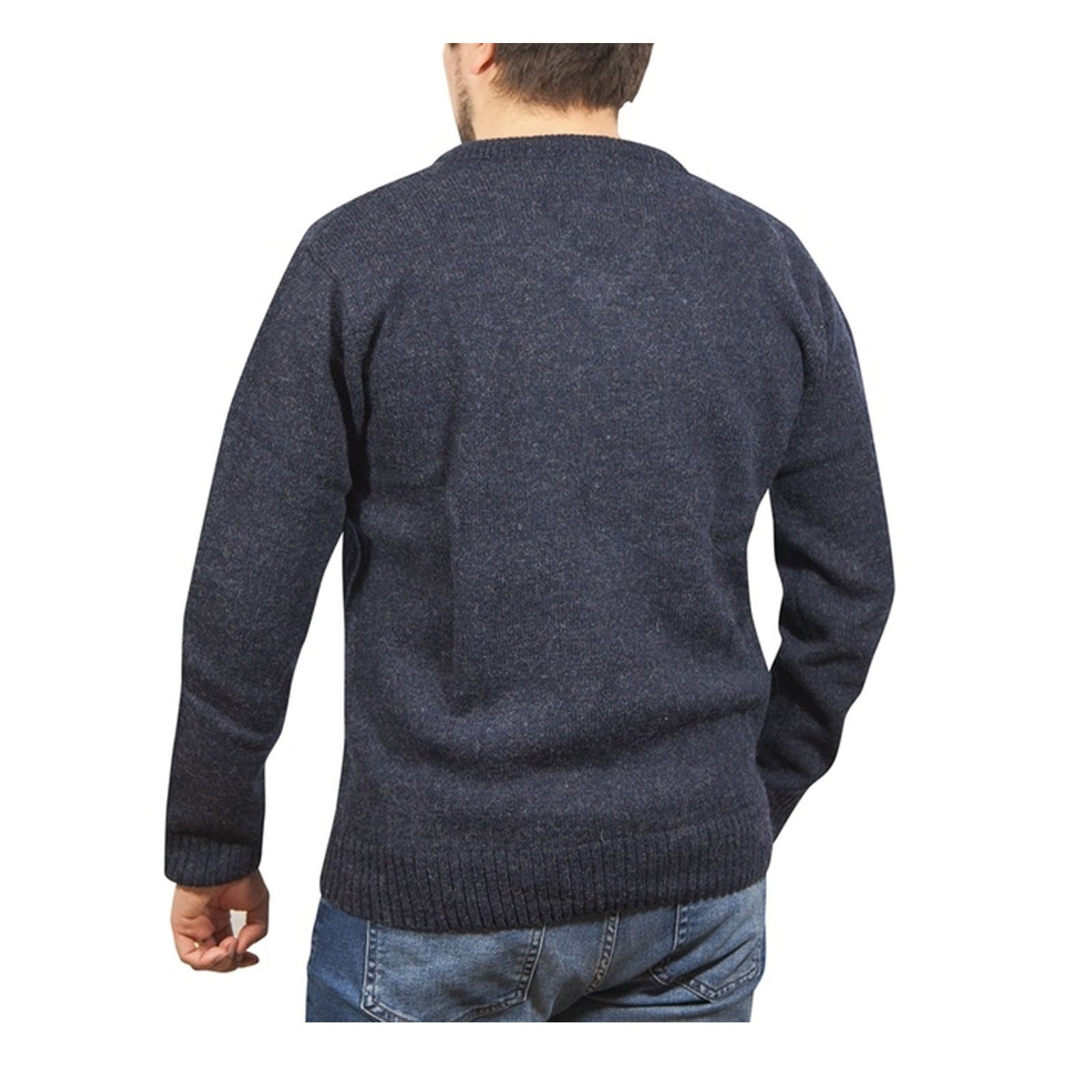 100% Shetland Ragg Wool V Neck Knit Jumper Pullover Mens Sweater Knitted - Navy - L