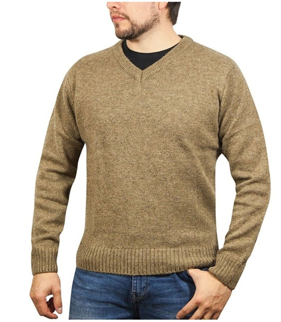 100% Shetland Ragg Wool V Neck Knit Jumper Pullover Mens Sweater Knitted - Nutmeg (23) - XL
