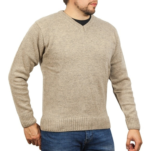 100% Shetland Ragg Wool V Neck Knit Jumper Pullover Mens Sweater Knitted - Oat Marle (03) - 5XL