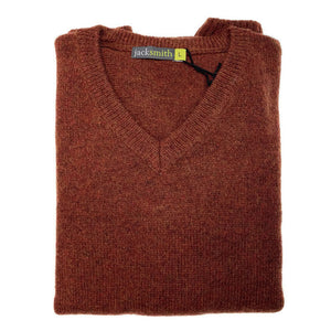 100% Shetland Ragg Wool V Neck Knit Jumper Pullover Mens Sweater Knitted - Rust (54) - L