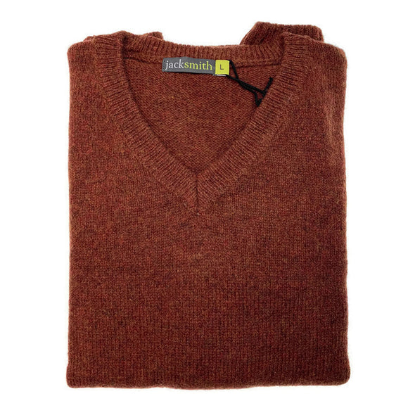 100% Shetland Ragg Wool V Neck Knit Jumper Pullover Mens Sweater Knitted - Rust (54) - L