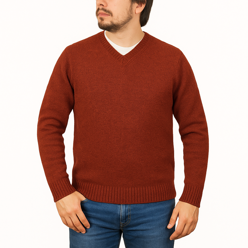Men's Sweats & Trackpants: 100% Shetland Ragg Wool V Neck Knit Jumper Pullover Mens Sweater Knitted - Rust Size M