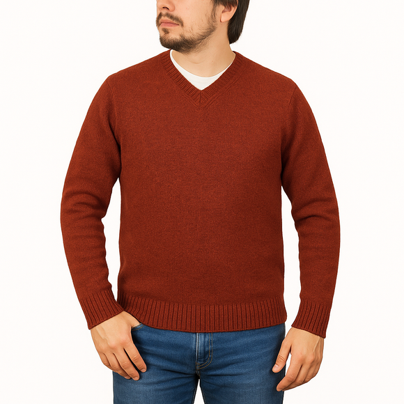 100% Shetland Ragg Wool V Neck Knit Jumper Pullover Mens Sweater Knitted - Rust (54) - M