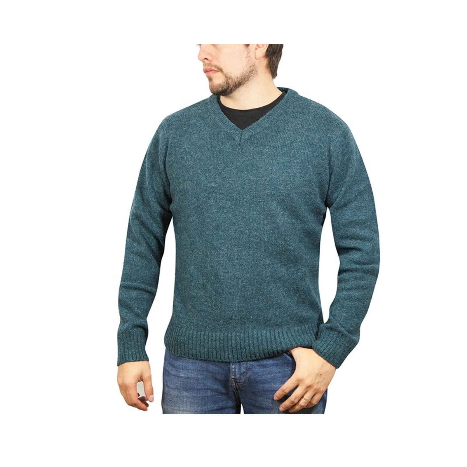 100% Shetland Ragg Wool V Neck Knit Jumper Pullover Mens Sweater Knitted - Sherwood - 3XL