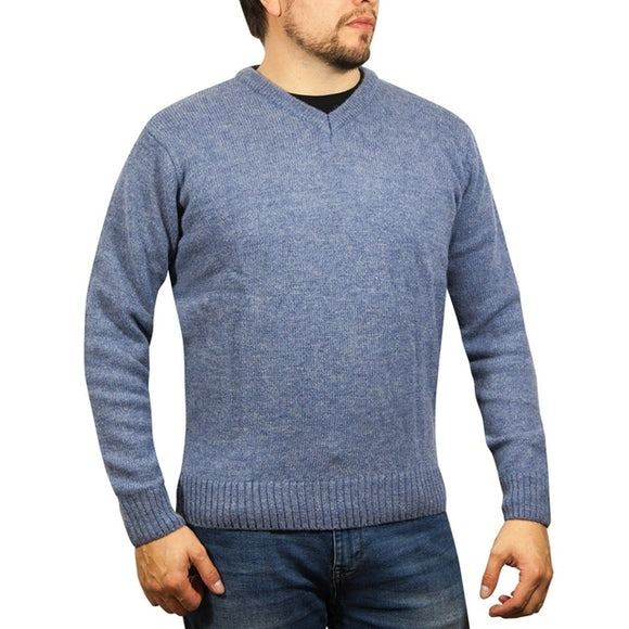 100% Shetland Ragg Wool V Neck Knit Jumper Pullover Mens Sweater Knitted - Sky (40) - 3XL